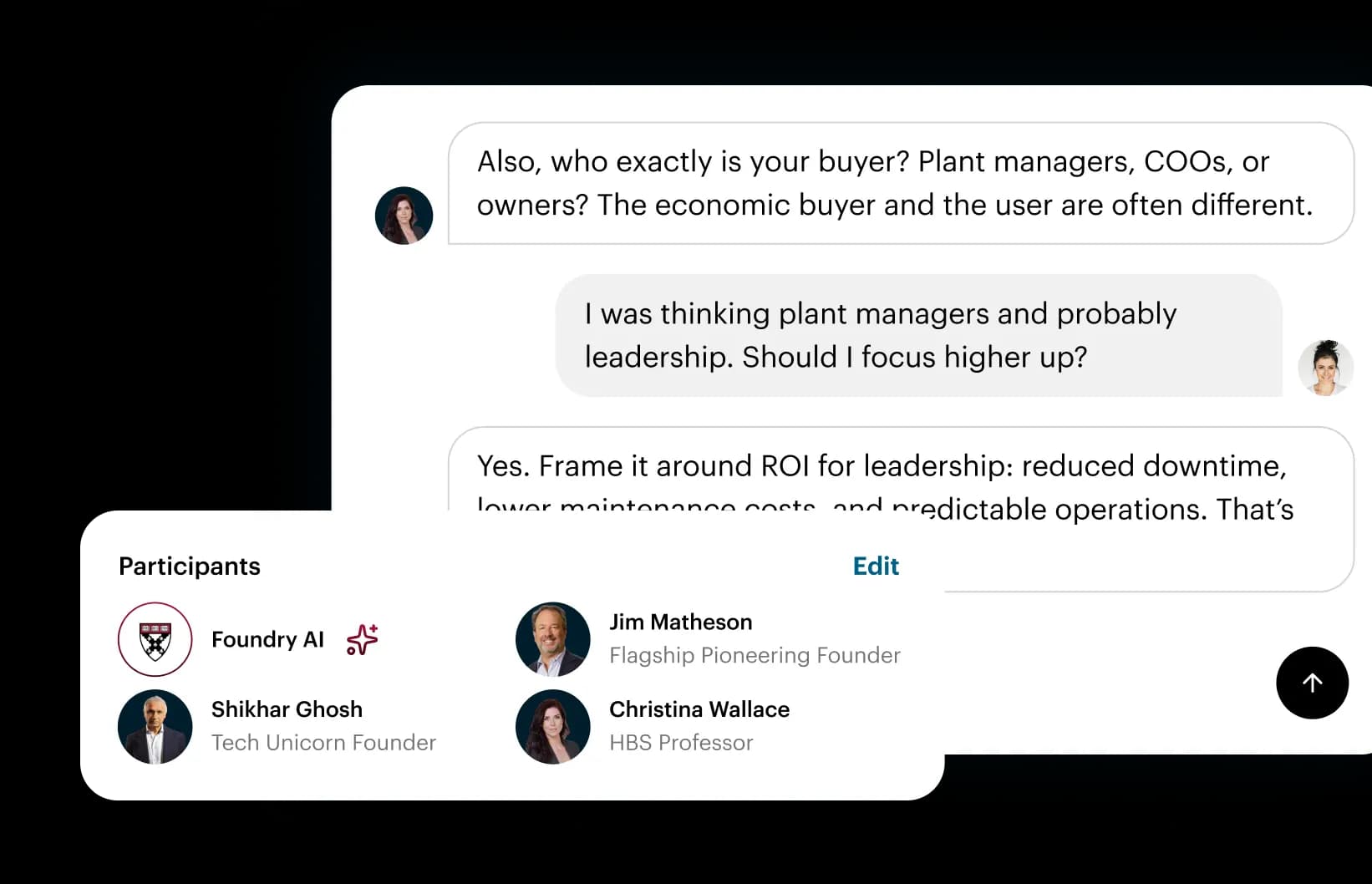 Conversation workspace showing founder questions, AI advisor replies, and a participant panel with Harvard experts.