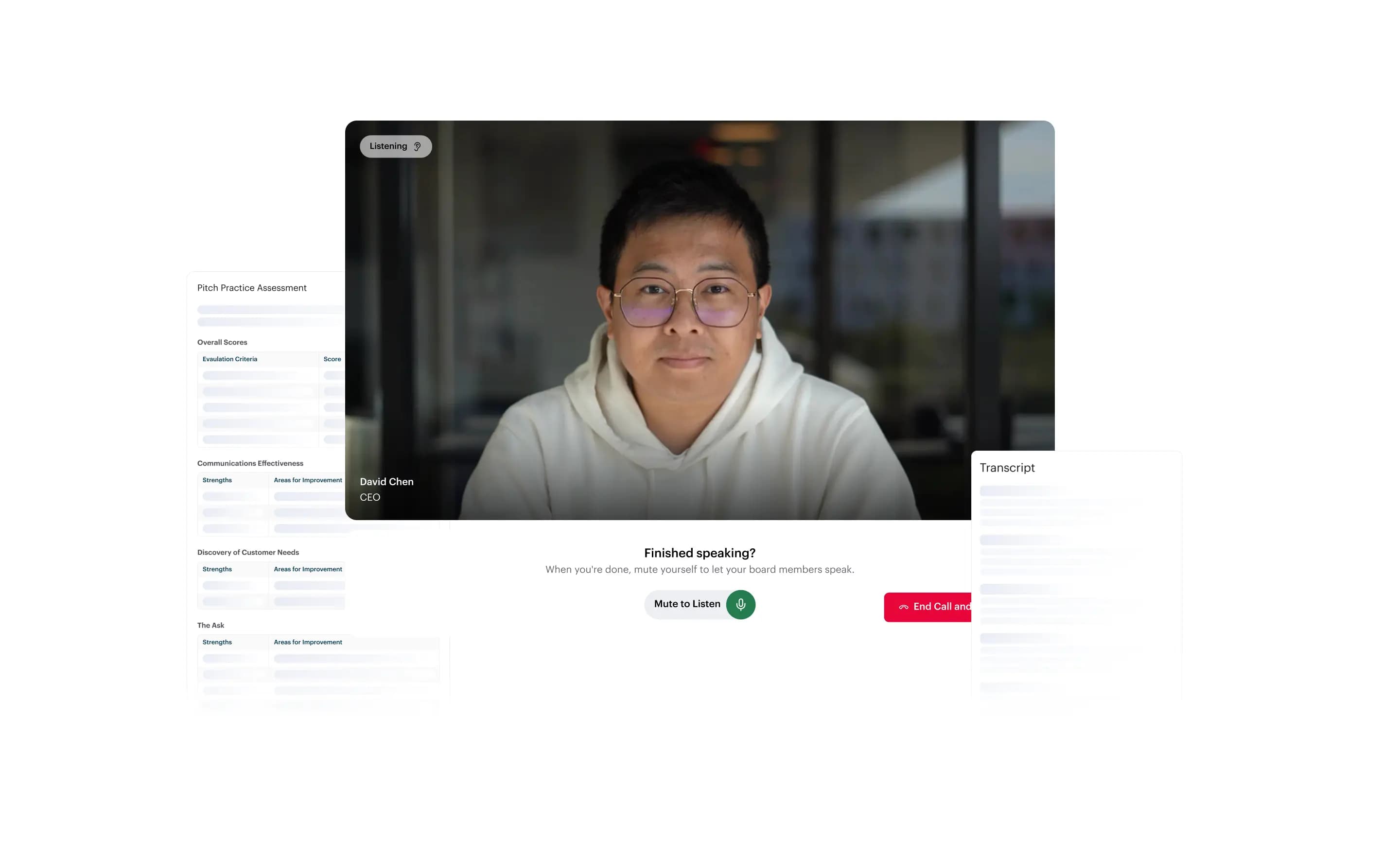 Pitch practice session with venture capitalist Jeff Bussgang speaking in an AI coaching interface.